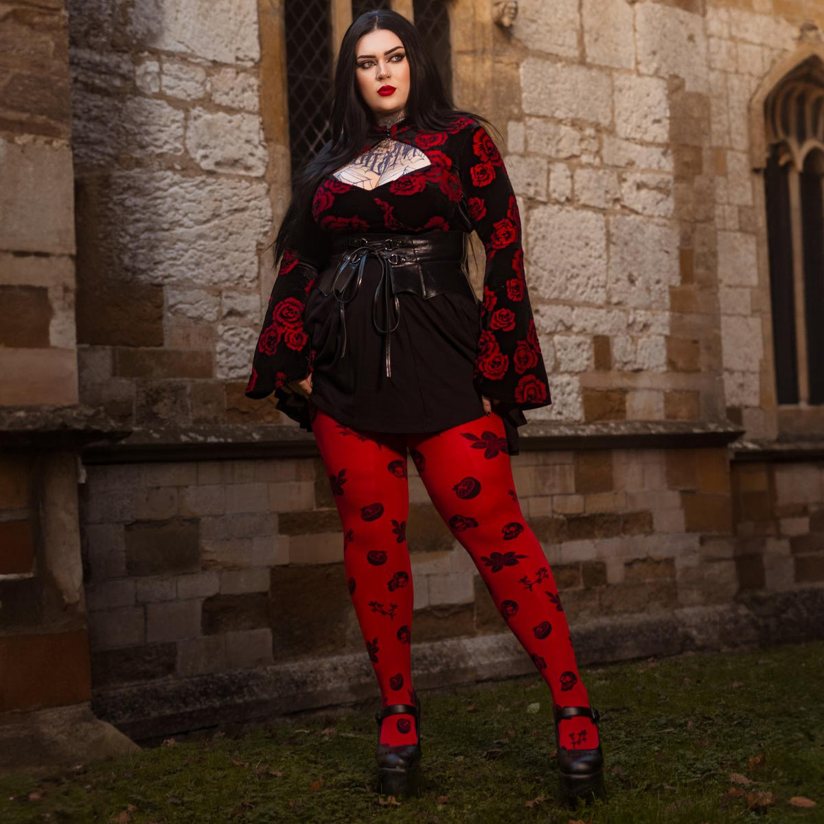 80 Denier Opaque Tights - Danu Skull Flower - Blood Red