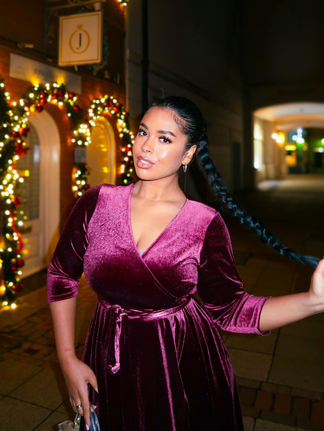 Velvet Wrap Dress - Cherry