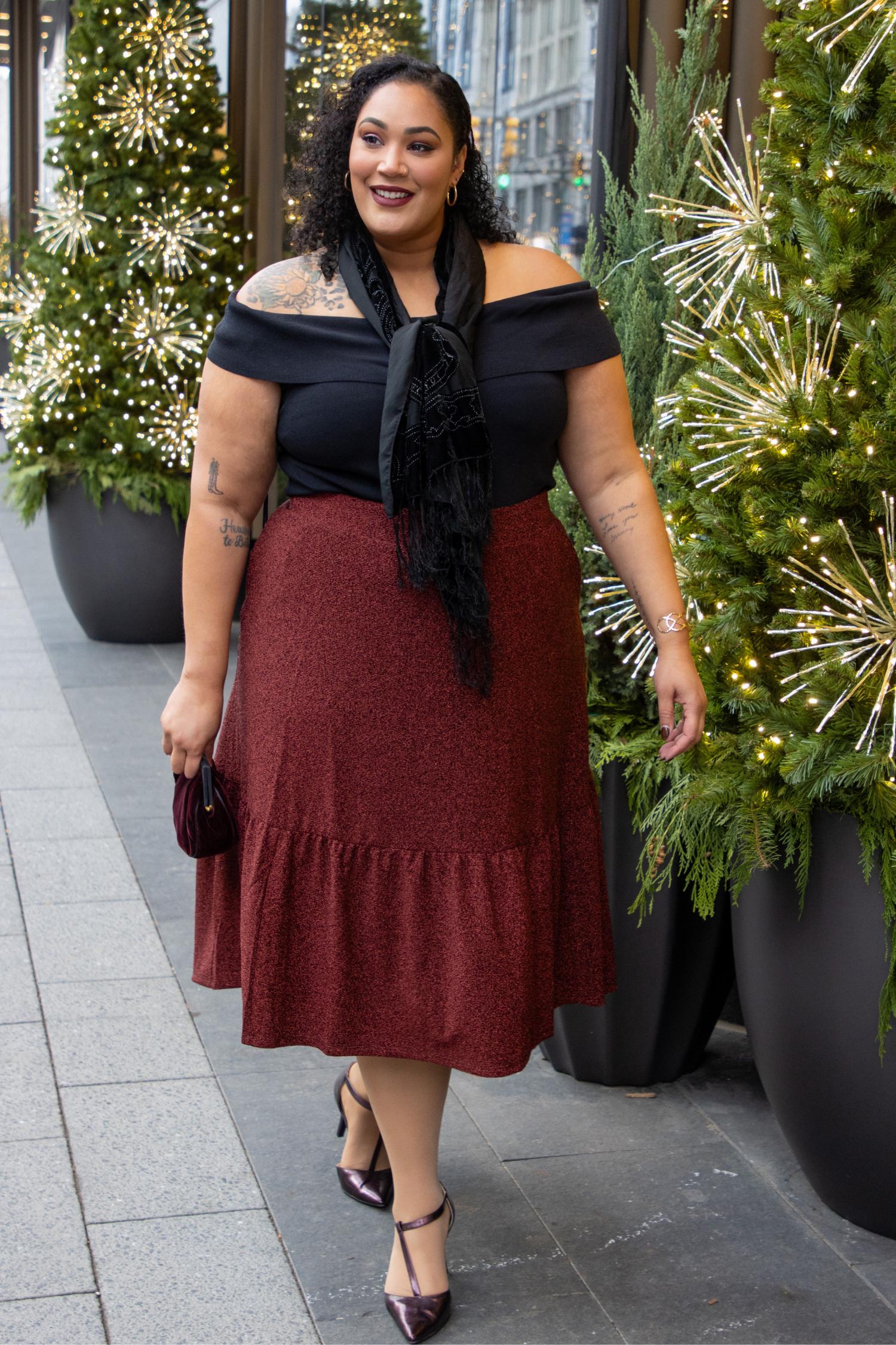 Jupe midi à volants en lurex - Bordeaux