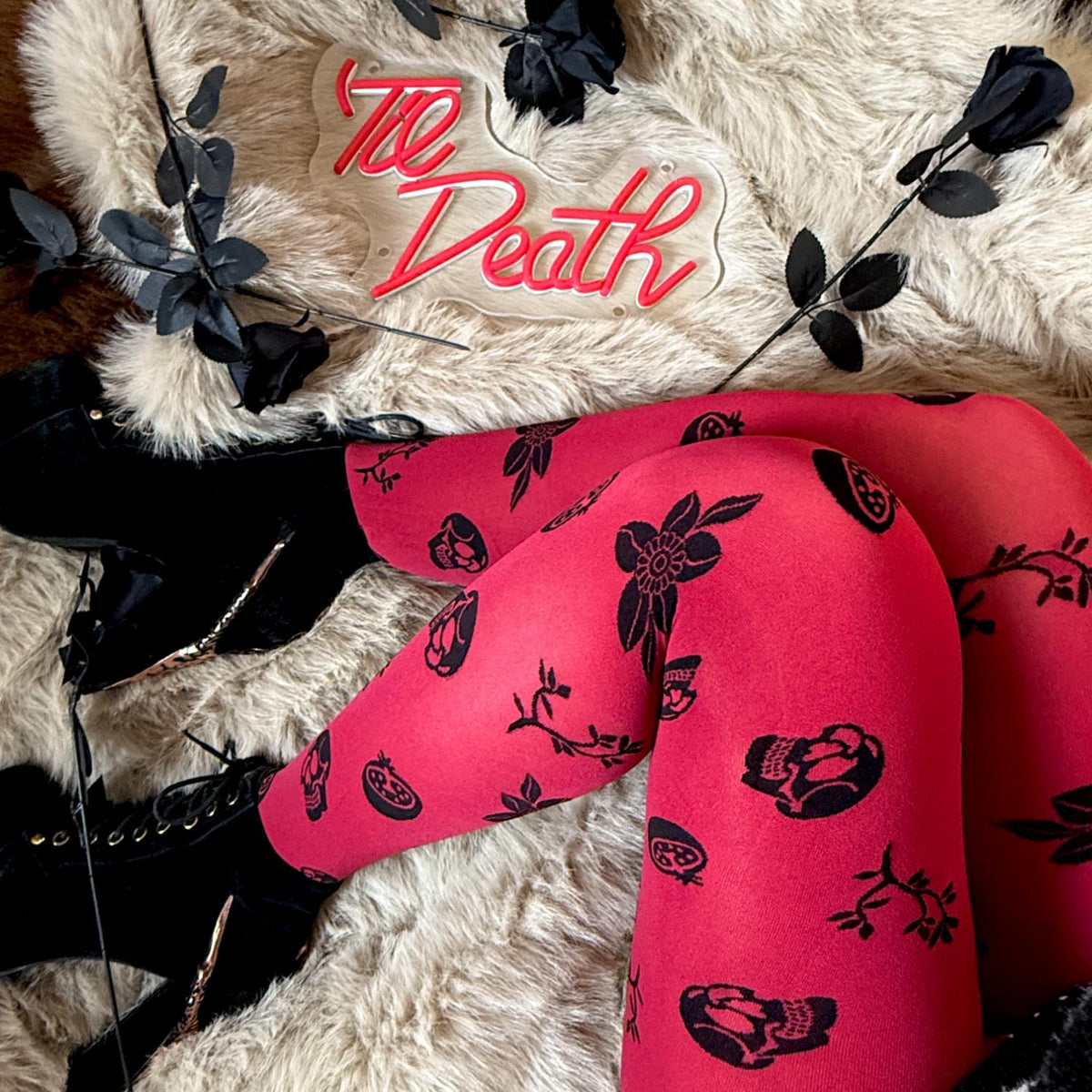 80 Denier Opaque Tights - Danu Skull Flower - Blood Red