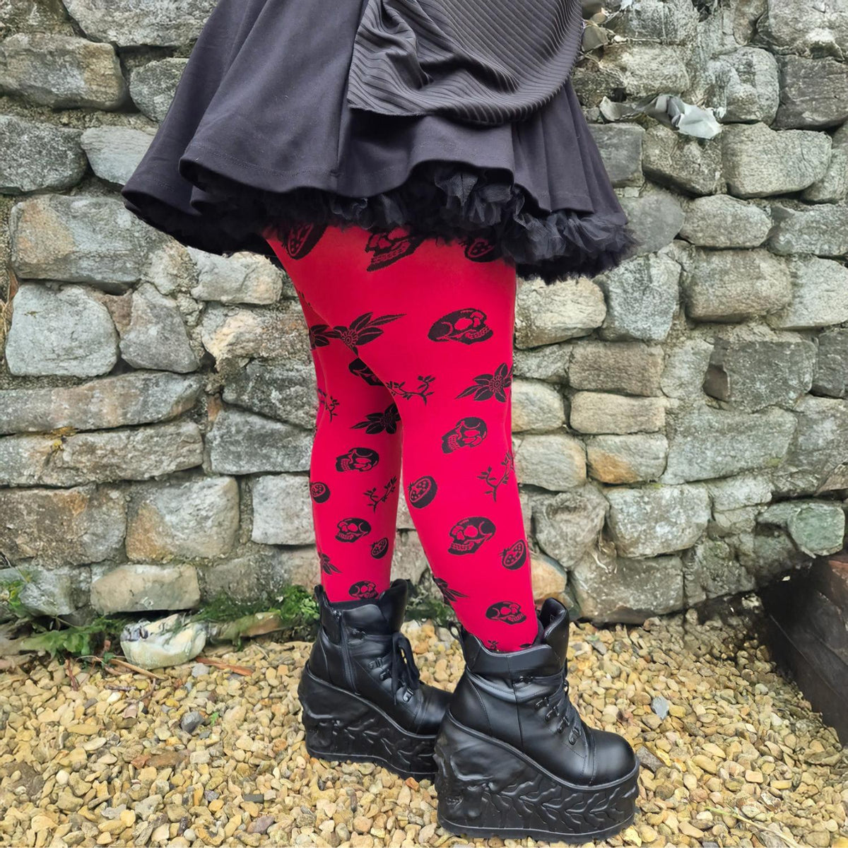 80 Denier Opaque Tights - Danu Skull Flower - Blood Red
