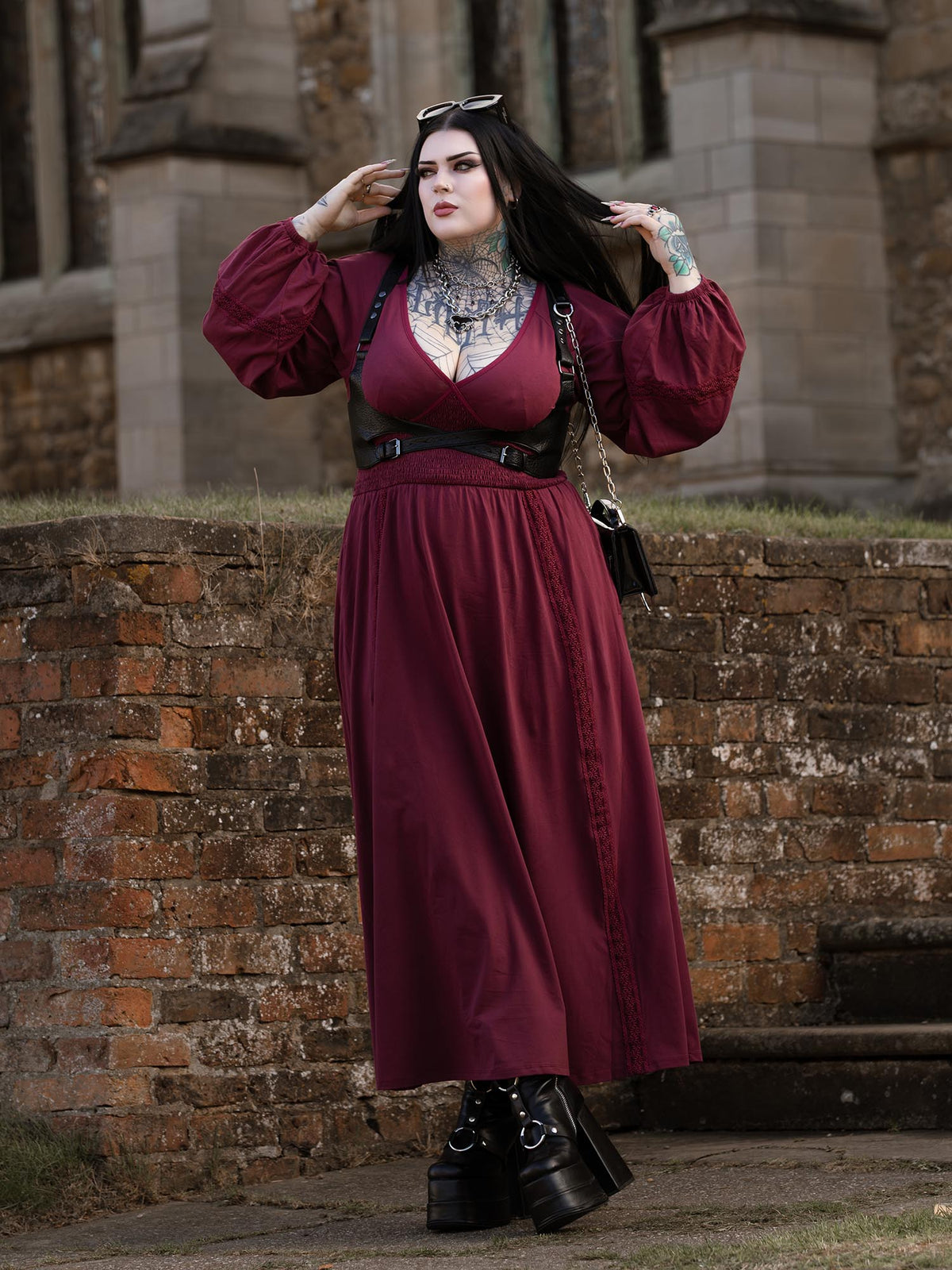Skye Balloon Sleeve Lace Trim Dress - Burgundy