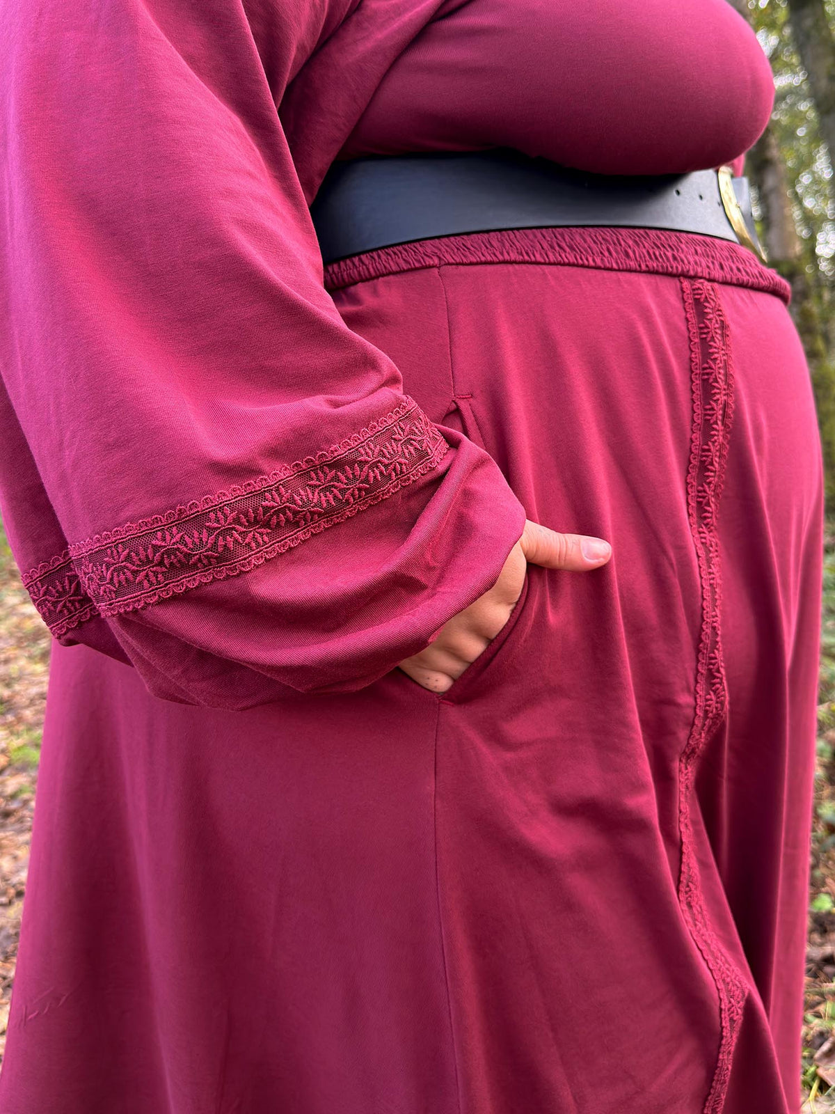 Skye Balloon Sleeve Lace Trim Dress - Burgundy