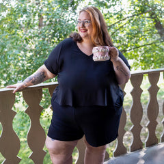 Front view of Black Viscose V-Neck Tee featuring a flattering open neckline and fluid, drapey fabric.