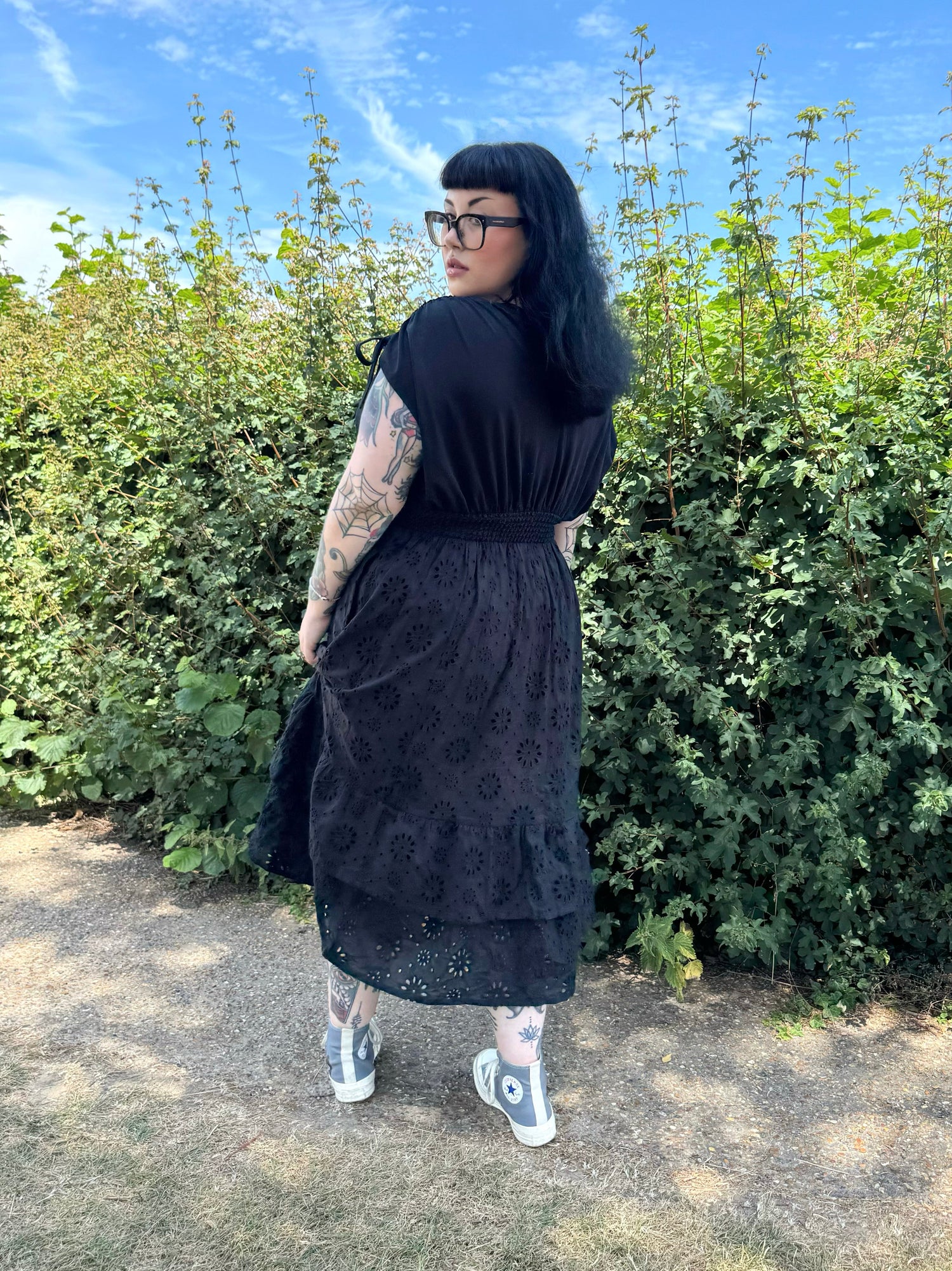 Broderie Anglaise Midi Dress - Black