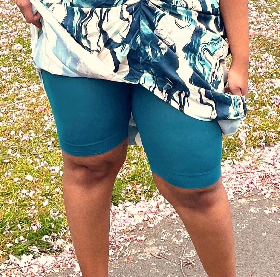 Woman wearing blueberry chub rub shorts
