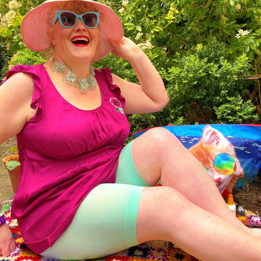 Woman wearing juniper chub rub shorts
